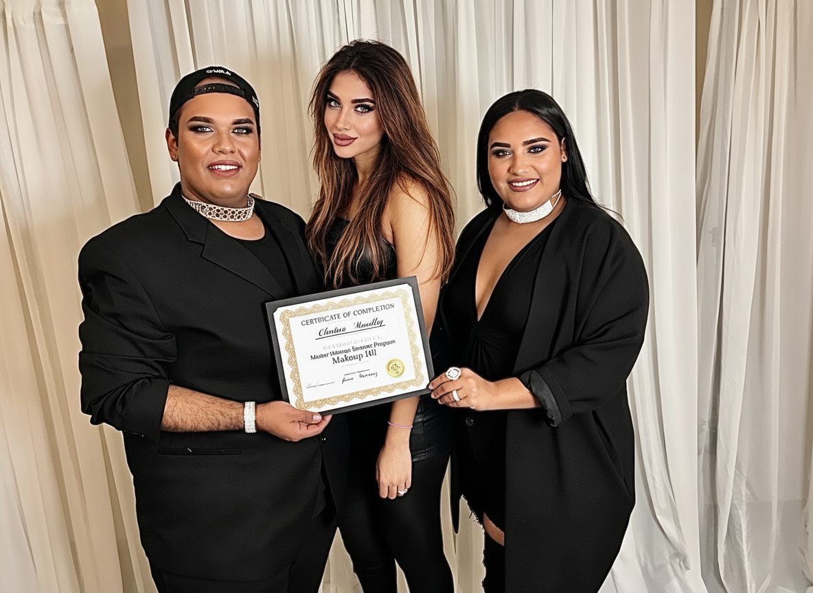 Dehlara Mirza receiving her certification from Hosway Martinez, founder of Master Makeup Academy